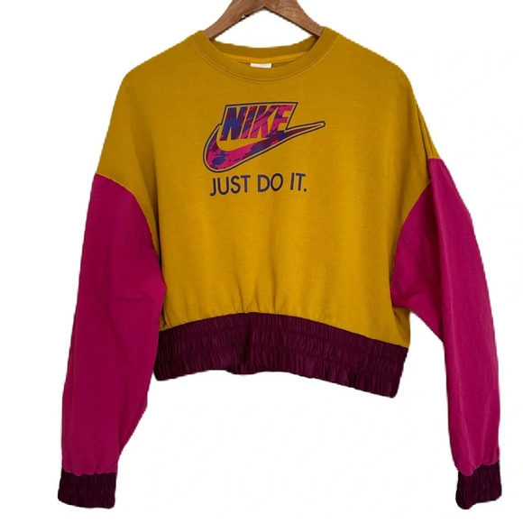 Nike Tops - Nike Women’s Yellow Pink Colorblock Crewneck Pullover Sweatshirt Small